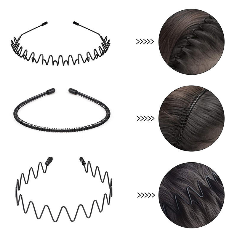 6 Stück Edelstahl Langlebig Hohe Qualität Haarbänder Feder Wellenförmiger Reifen Unisex Schwarzes Stirnband Zurückgekämmt Anti-Rutsch Sport-Kopfband