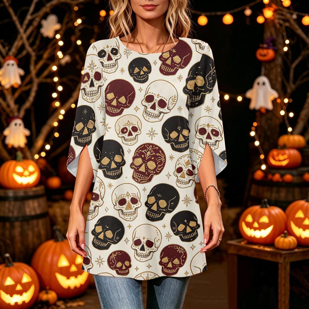 Women's Halloween Print Casual Neck Loose Fit 3/4 Sleeve Top