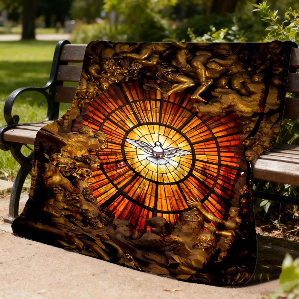 1pc Stained Glass Window Print Outdoor Blanket, Lightweight Polyester,