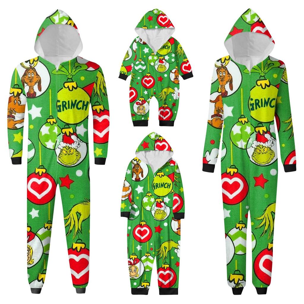Christmas Print Family Matching Hooded Long Sleeved Zippered Jumpsuit Set