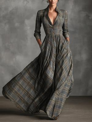 Women's Autumn Vintage Plaid Maxi Dress Elegant Graceful V-Neck French Style Long Dress