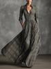 Women's Autumn Vintage Plaid Maxi Dress Elegant Graceful V-Neck French Style Long Dress