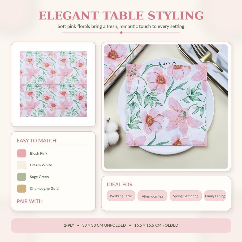 Pink Floral 2-Ply Paper Napkins for Party Table Decoration 20PCS