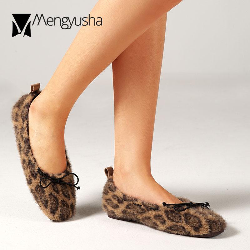 Leopard Fur flats woman bow-knot square toe furry loafers ladies winter plush shoes slip on fleeces moccasins large size 35-42