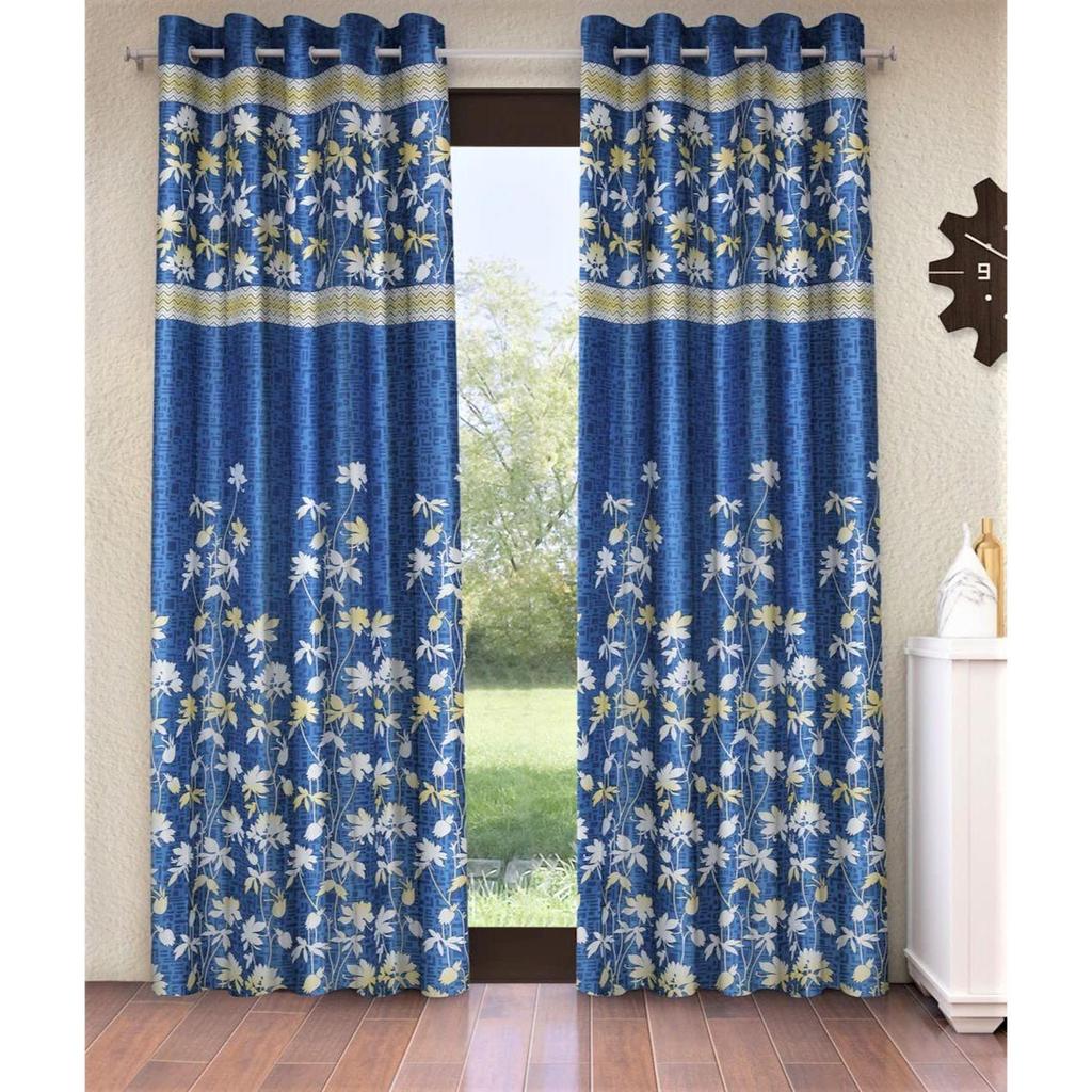2 Piece Flower Border Panel Eyelet Polyester Window Curtains - Blue