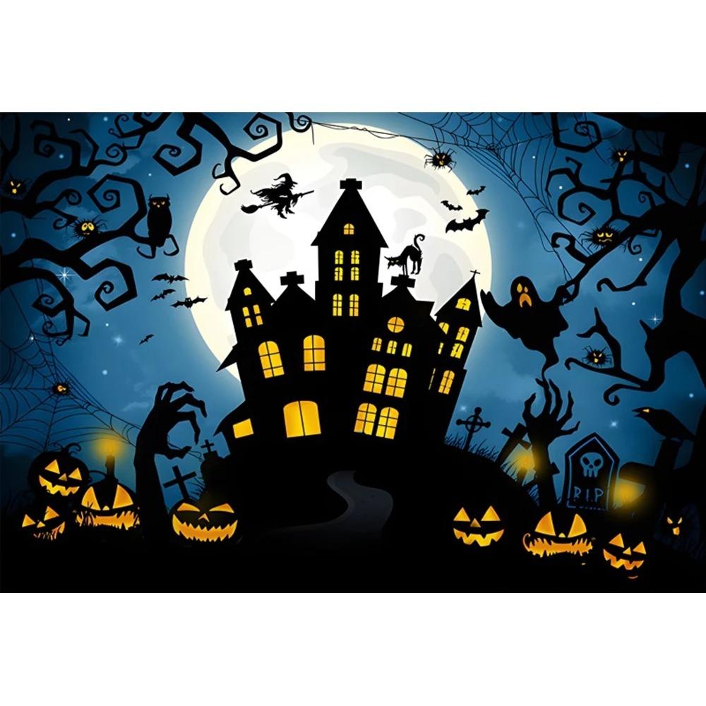 Circus Halloween Background Hanging Cloth Full Moon Night Witch Skull Carnival Party Decoration Background Photography Studio