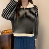 women half-zip striped sweatshirt polo collar long sleeve casual loose fit pullover top