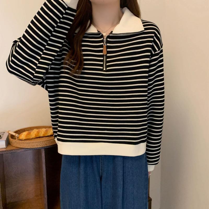 women half-zip striped sweatshirt polo collar long sleeve casual loose fit pullover top