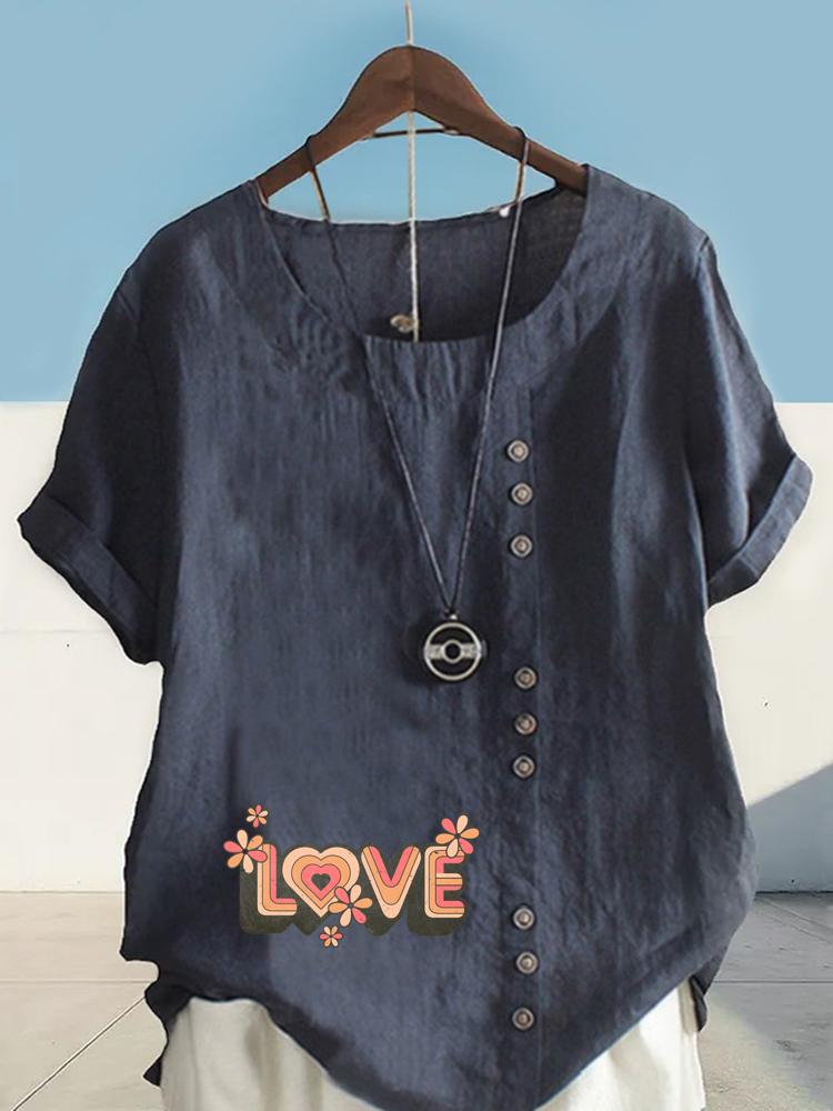 Women's Fashion Love Letters Print Casual Cotton Linen Short Sleeve Round Neck T-shirt Shirt Leisure Loose Summer Blouse Tops