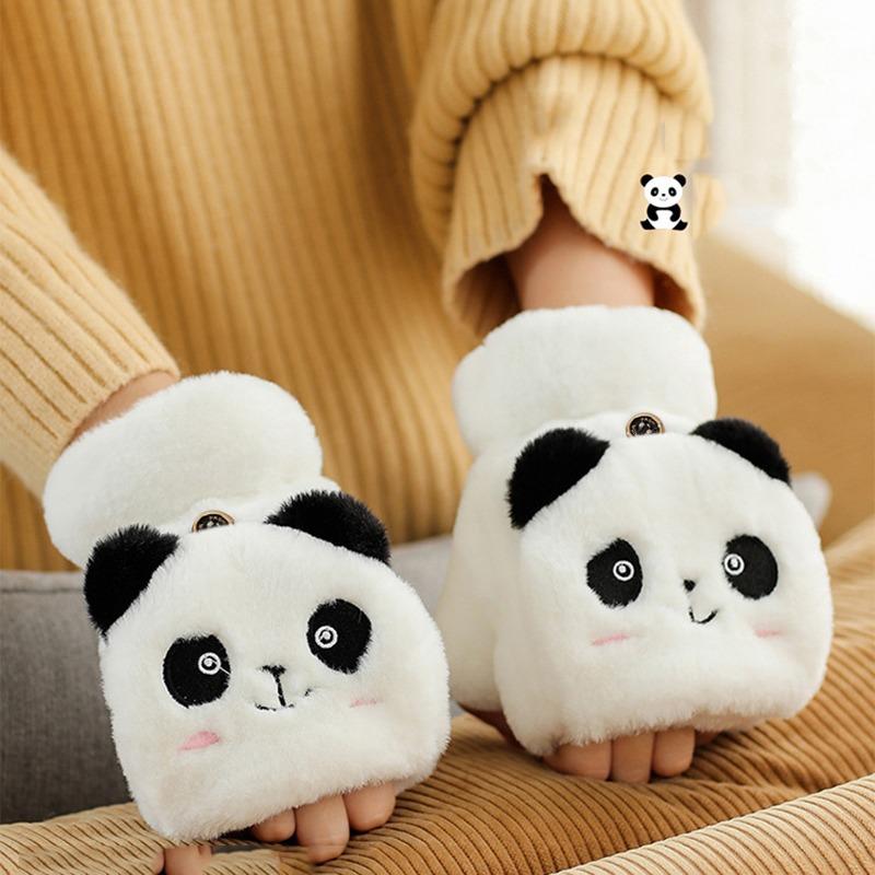 Women Plush Warm Glove Lovely Rabbit Cat Panda Mittens Flip Fingerless Glove Soft Girls Thick Gloves Flexible Half Finger Winter