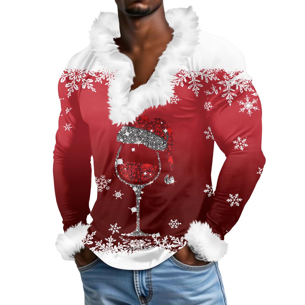 Herren Lässiges Weihnachten Bedrucktes Plüsch V-Ausschnitt und Fleece Langarm-Sweatshirt