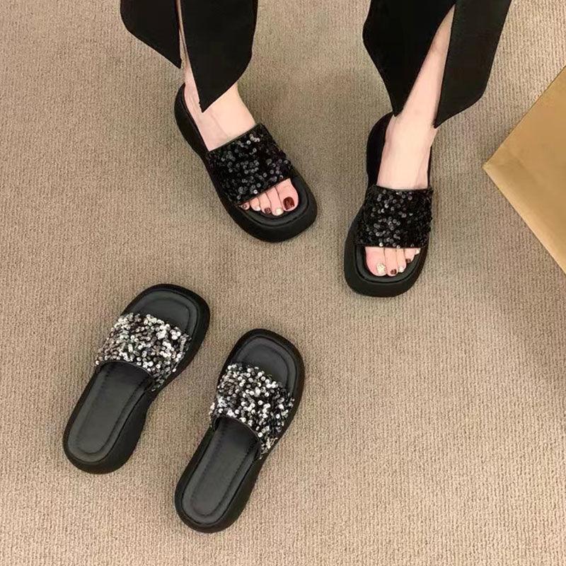 Fashion Chic Black Sequined Chunky Slides | Elevated & Eye - Catching, Perfect for Summer Daily & Street Looks