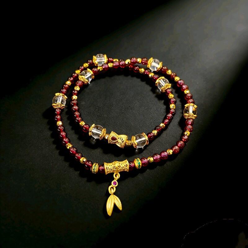 Handcrafted Engraved Bamboo Leaf Pendant Red Garnet Double Loop Bracelet Women New Chinese Style Lucky Gift Image Color