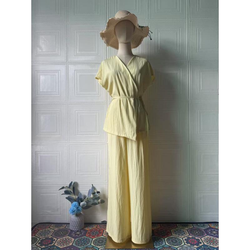 2025 Summer European & American Casual V-neck Short-sleeve Long Pants Fashion Set