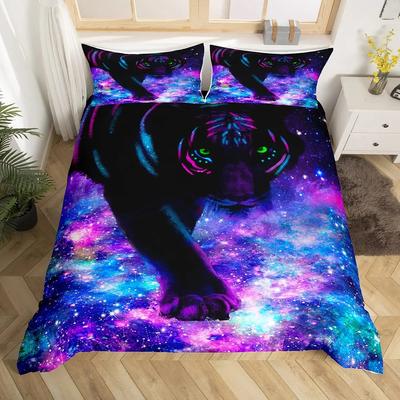 Galaxy Tiger Duvet Cover Set Blue Nebulas Stars Moon Bedding Sets Outer Space Wildlife Sky Starry King Comforter Cover Set