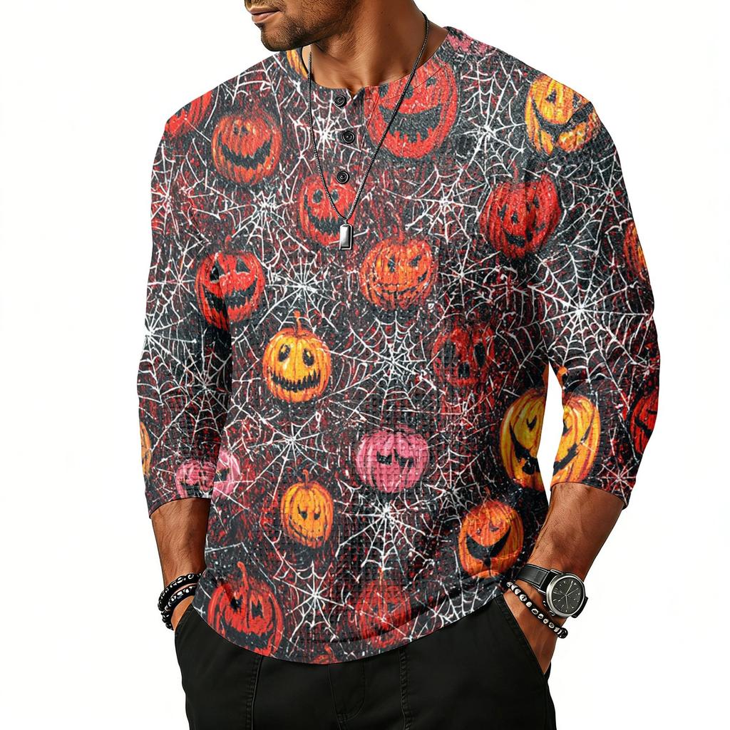 Men's Casual Halloween Print Henley Shirt Raglan Three Quarter Sleeve Top Lightweight Breathable Fabric Comfortable Fit