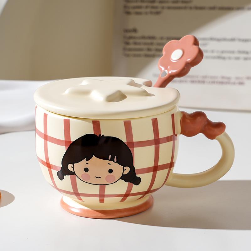 Cartoon Ceramic Cup With Cover, High-Value Household Couple Water Cup Gift Box, Small Gift Idea