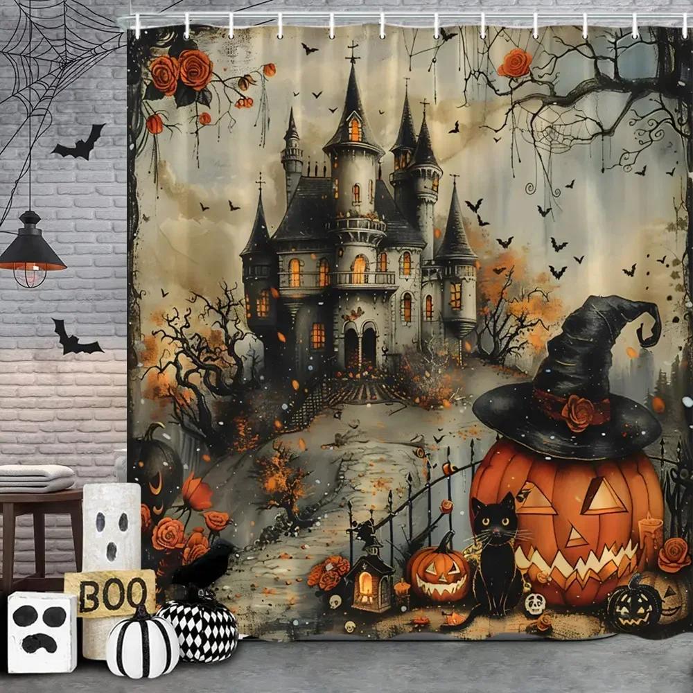 Spooky Horror Halloween Skeleton Crow Shower Curtain Black Bat Black Cat Polyester Fabric Bath Curtain Bathroom Decor With Hooks
