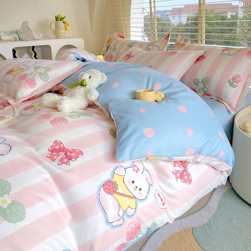 Thickened Pure Abraded Four-piece Set, Single Double Skin-friendly Twill Bed Sheet, Quilt Cover, Dormitory Three-piece Set, Bedding