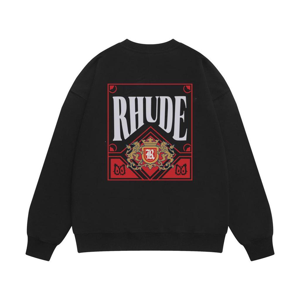 New Men's RHUDE Letter Print Loose Terry Round Neck Hoodie