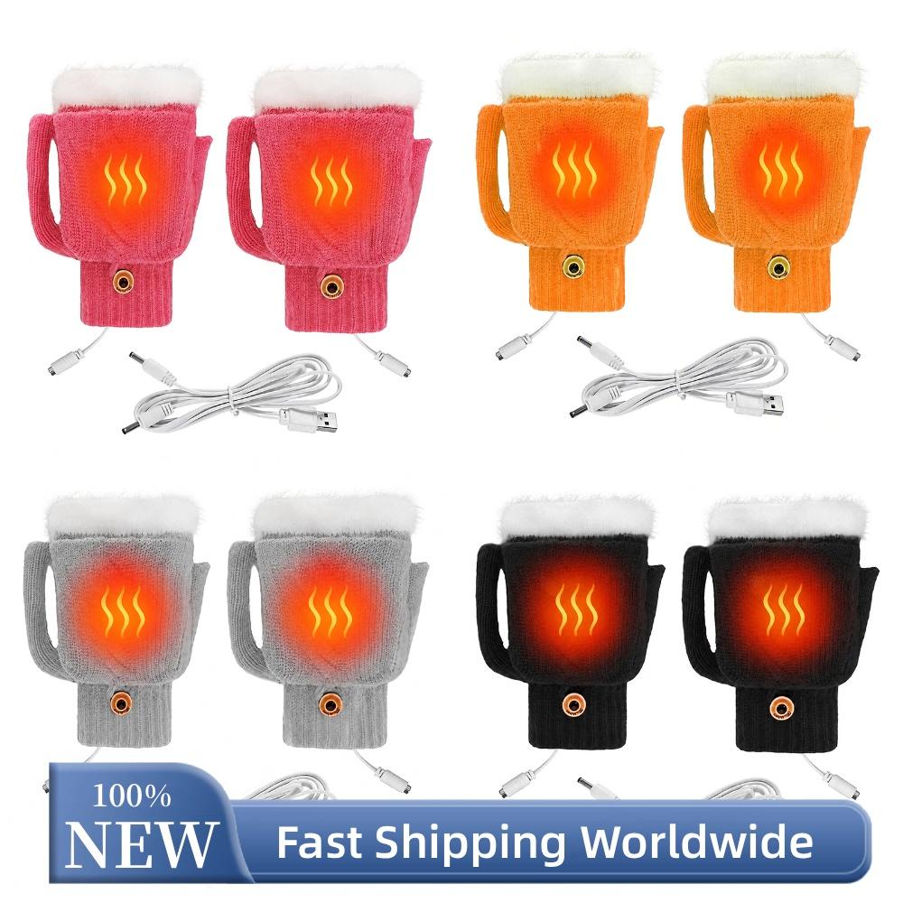 USB Powered Electric Heated Knit Gloves Fingerless Mittens Winter Warm Outdoor Hand Warmer