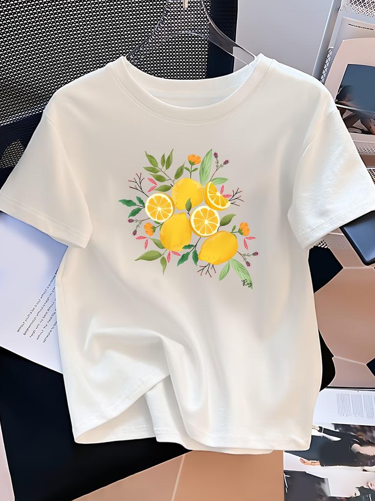 2026 Women TShirt Lemon Floral Graphic T-Shirt with Yellow Lemon Casual Everyday Top Women Dail