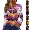 Women's Casual Long Sleeve V-Neck T-Shirt with Halloween Print and Decorative Buttons