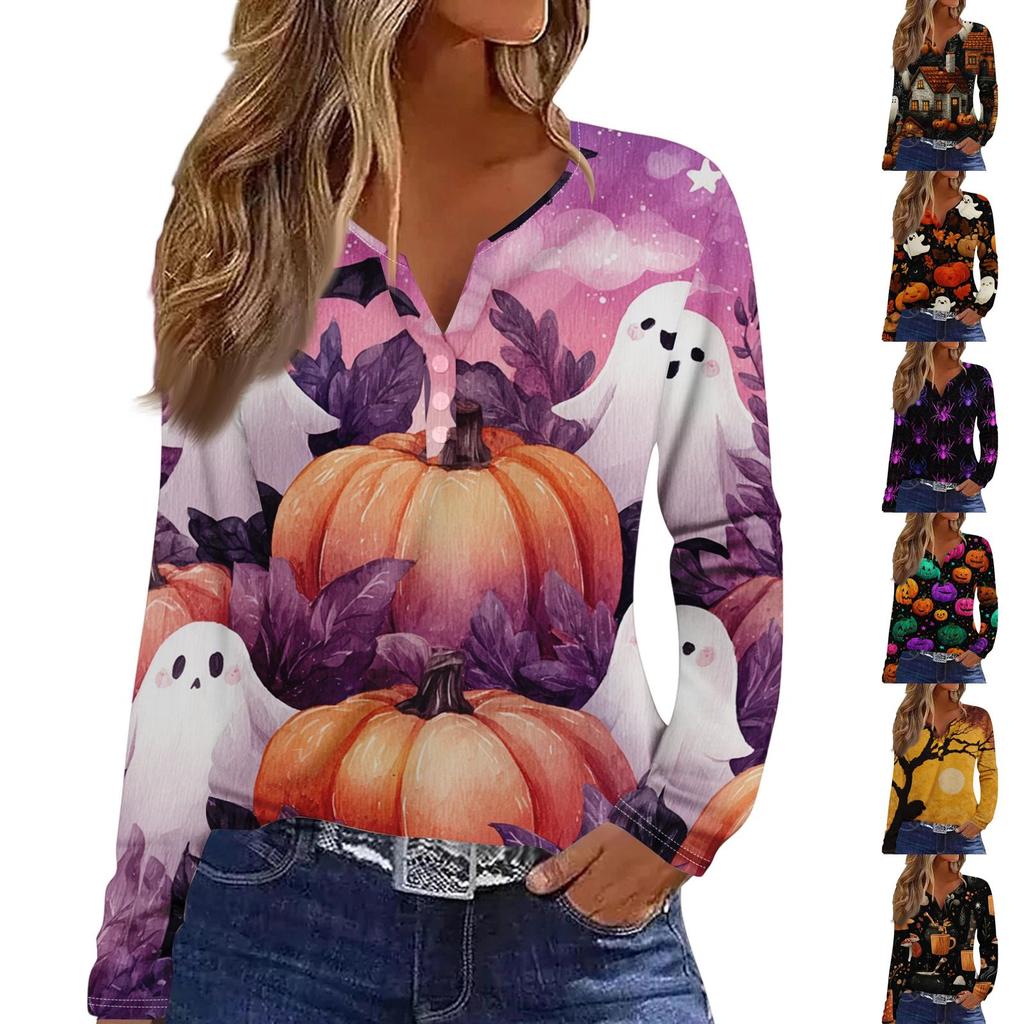Women's Casual Long Sleeve V-Neck T-Shirt with Halloween Print and Decorative Buttons