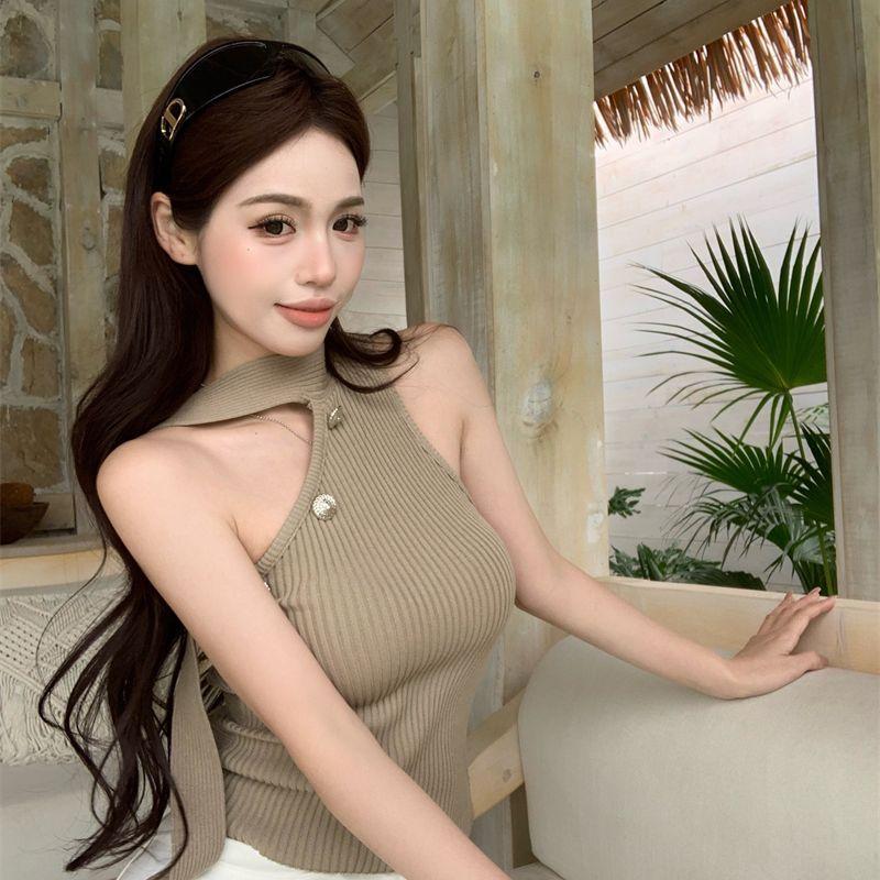 Knitted Halter Camisole Tank Top Women's Outerwear Summer Sexy Sleeveless Crop Top