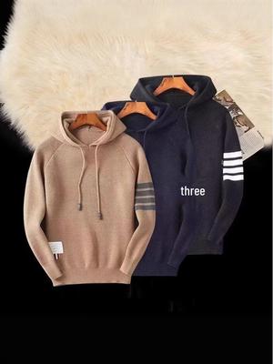 Pull en tricot à capuche rayé coupe ajustée pour homme - Pull chaud décontracté pour l'automne et l'hiver