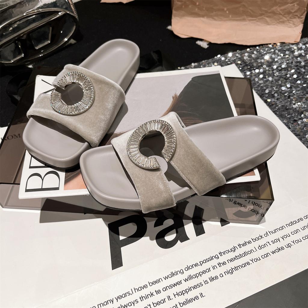 2025 new golden velvet rhinestone open-toe sandals, wear high-end hole slippers, flat-soled women's shoes tide