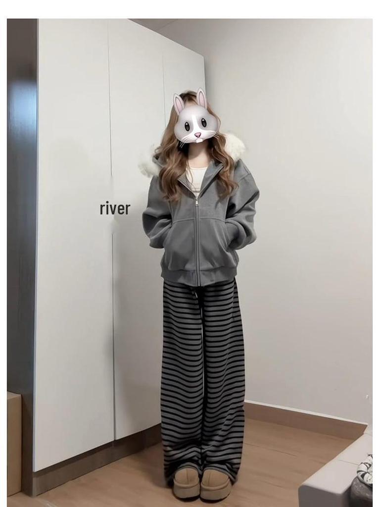 145 Striped Sticky Rice Pants for Women - Autumn/Winter 2026 Collection - Short Height, Thickened Casual Pants for a Visually Taller Look