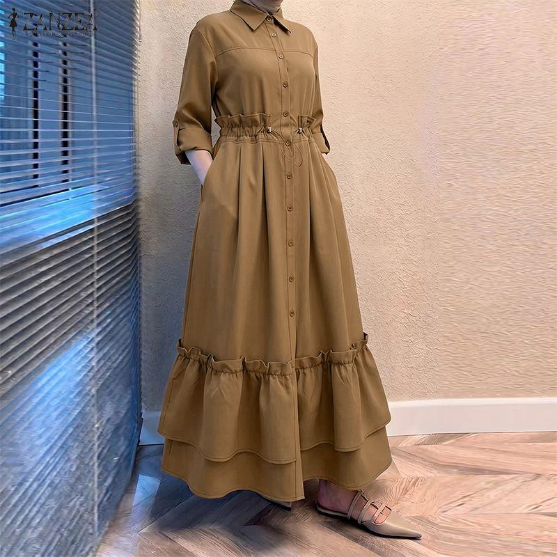 ZANZEA Women Casual Turn Down Collar Loose Long Sleeve Button Long Dress
