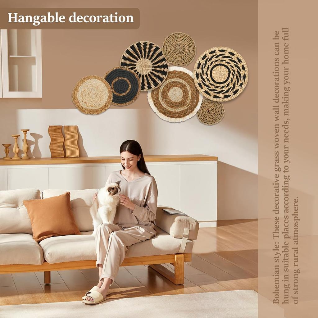PieJoFpy 7 Pack Boho Wall Art - Seagrass Rattan Wicker Hanging Baskets, Round Flat Wall Decor