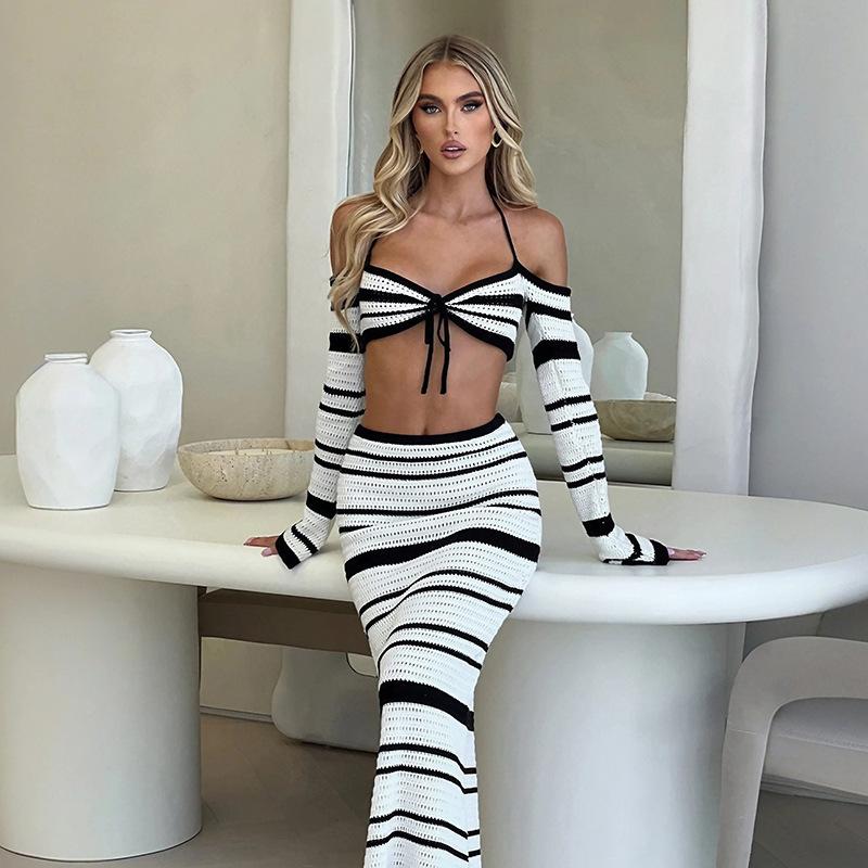 Lace-up Short Navel-open Top Beach Contrast Long Striped Skirt Beach Suit Women