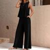 Women Solid 2 Piece Outfit, Round Neck Sleeveless Tank Top + Wide Leg Pants, Casual Matching Set