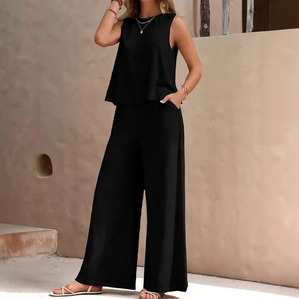 Women Solid 2 Piece Outfit, Round Neck Sleeveless Tank Top + Wide Leg Pants, Casual Matching Set