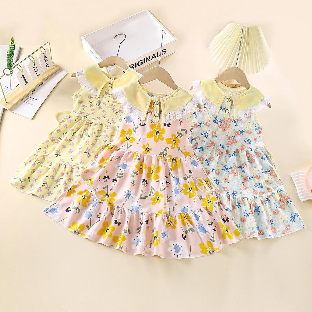 Summer Girls' Sleeveless Floral Princess Dress - Cotton Silk Blend for Outdoor Wear