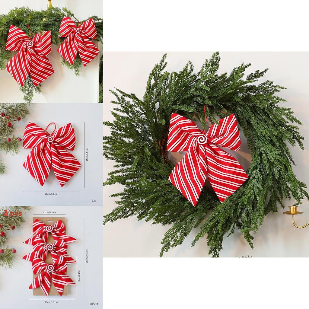 Red And White Diagonal Stripe Bow Pendant For Holiday Tree Ornaments