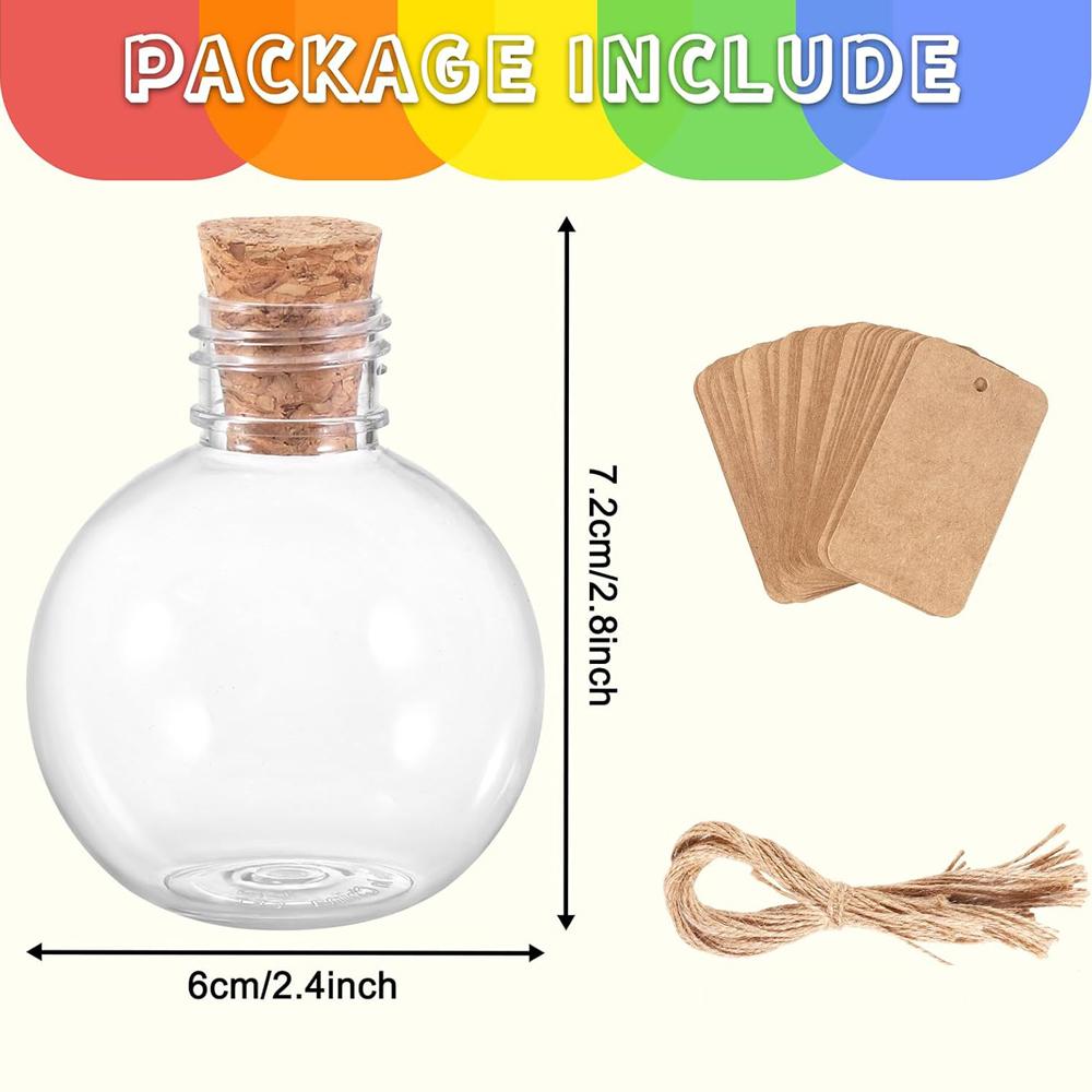 Spherical Plastic Potion Bottles Ball Shape Round Bottles 3.4 Oz Sand Art Bottles with Corks and Tags Bottle Candy Jar