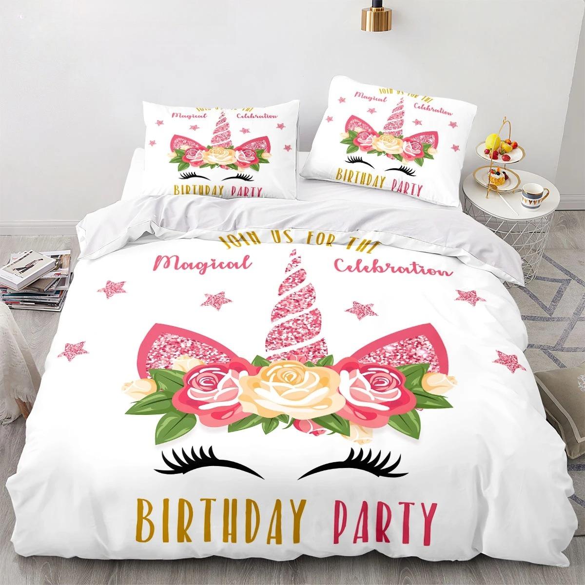 

Мультяшные радужные комплекты постельного белья с единорогами 135x200 Набор пододеяльника Наволочки Королева Односпальный Двуспальный Полуторный Размер Постельное белье для детей Девочек 70x133cm 2pcs