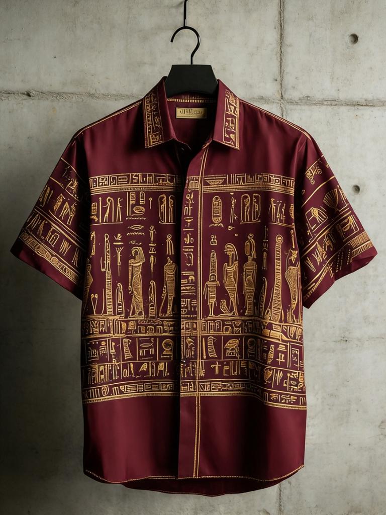 Vintage Egyptian Style Short Sleeved Floral Shirt Men's Loose Fitting Shirt Summer Lightweight Top