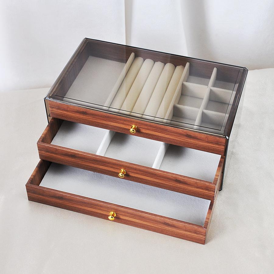 Three-layer jewelry box, high-end multi-layer walnut color ring and necklace storage box, display jewelry box, jewelry