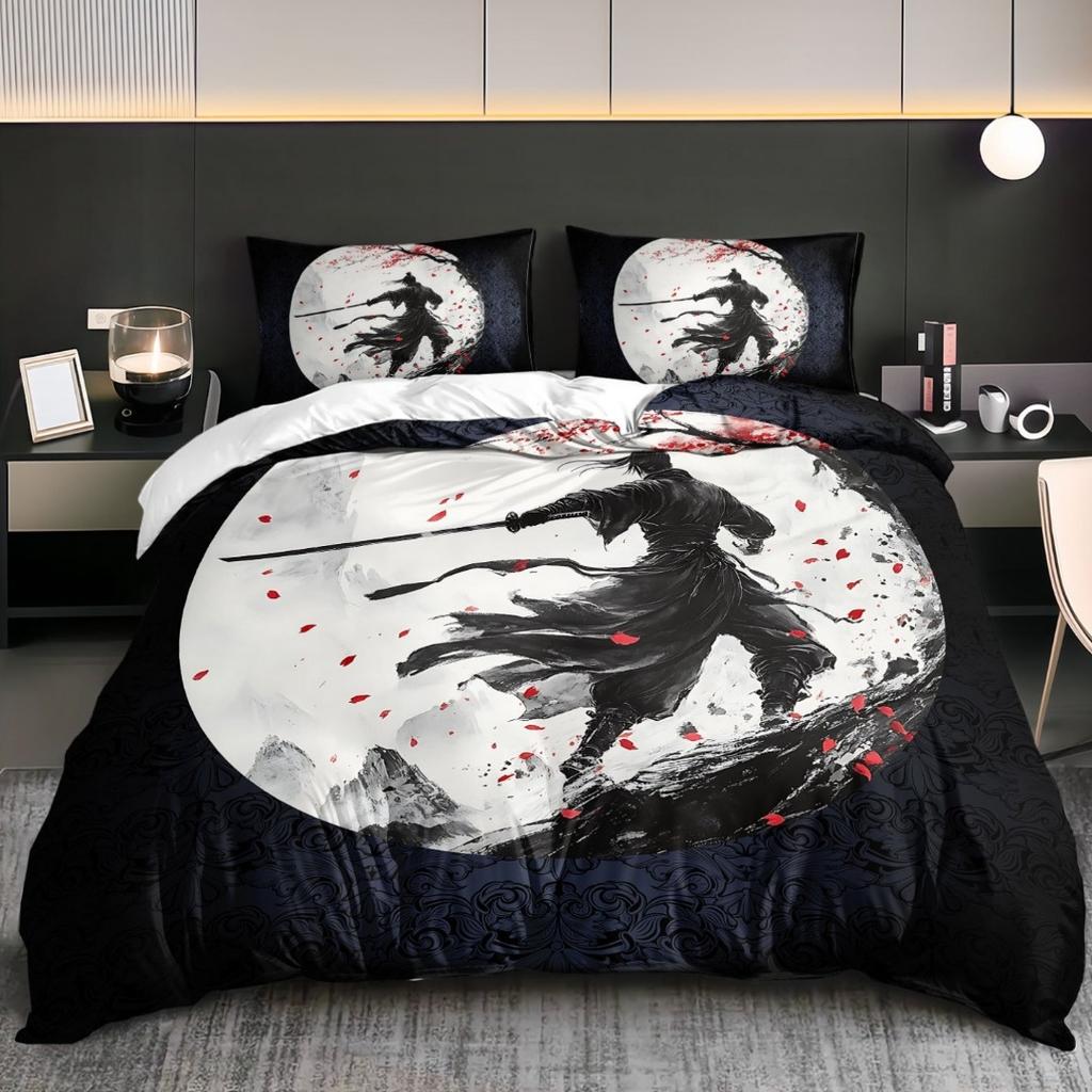 3pcs Japanese Samurai under Moon 3D Printed Bedding Set Cozy Duvet Cover King Queen Twin Size Birthday Gift Bedroom Decoration