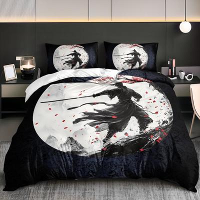 Conjunto de Cama Samurai Japonês sob a Lua Impresso em 3D Capa de Edredom Aconchegante Tamanho King Queen Solteiro Presente de Aniversário Decoração de Quarto