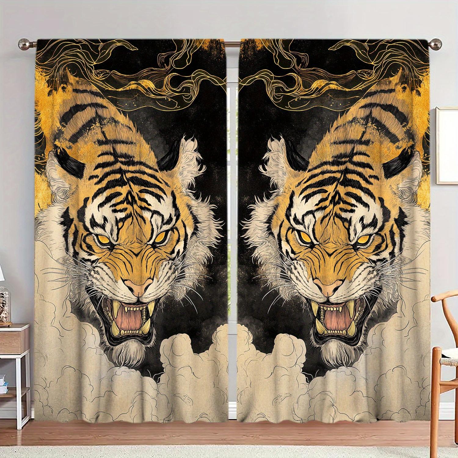 

Tiger Print Curtains Bedroom Office Kitchen Living Room Study Stylish Home Decor Sheer Made Of Polyester Window Treatment W100*H70(CM)-Hooks&2PCS