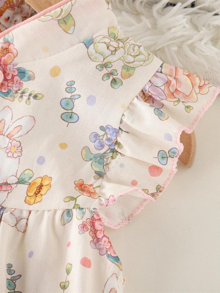 Sommer Baby Mädchen Cartoon Hase & Sonnenblume Cheongsam Kleid mit Flatterärmeln