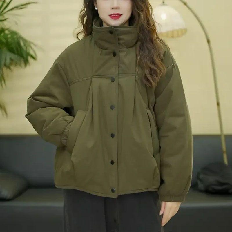 Women’s Winter Solid Color Thickened Warm Cotton Jacket Casual Loose Slimming Versatile Short Basic Outerwear for Daily Wear