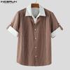 INCERUN Men Turn-down Collar Short Sleeve Patchwork Striped Casual Texture T-shirts