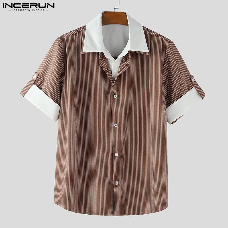 INCERUN Men Turn-down Collar Short Sleeve Patchwork Striped Casual Texture T-shirts